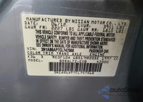 2012 Nissan Sentra 2.0 z USA, uszkodzony, nr VIN 3N1AB6AP7CL747568